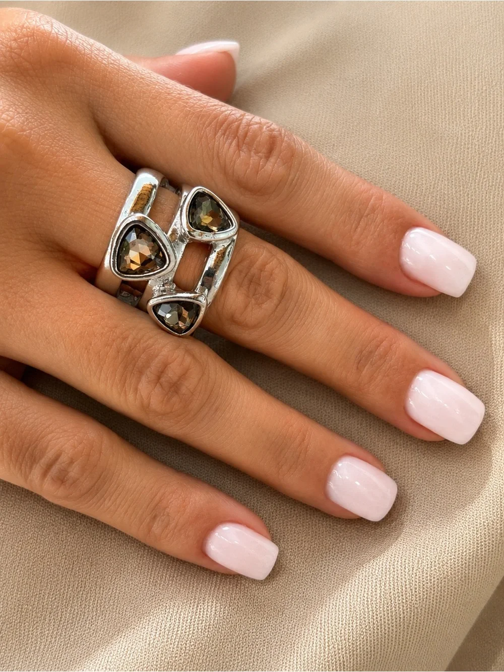 Smoky Crystal Triple Stone Statement Ring | Adjustable Boho Fashion Ring